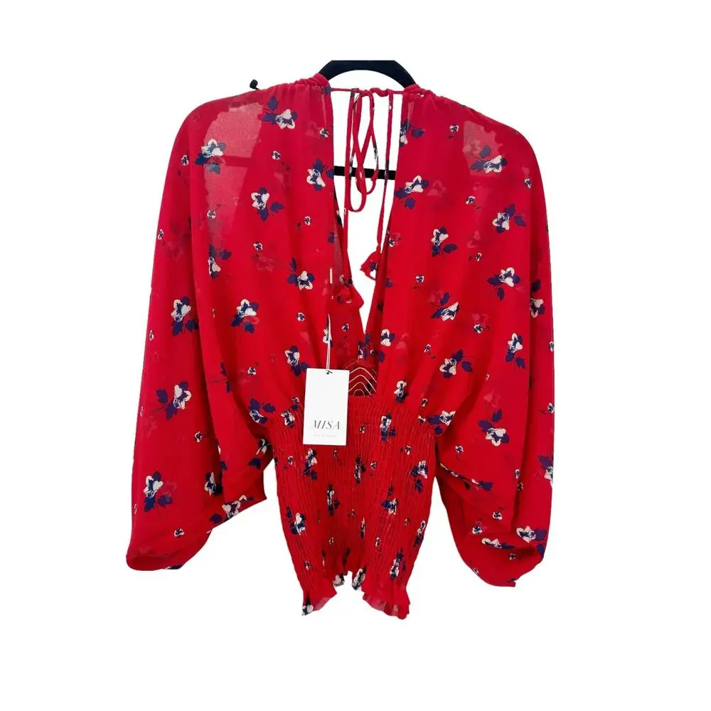 Misa Floral Print Smocked Blouse Long Sleeve Red/Blue Size Medium NWT